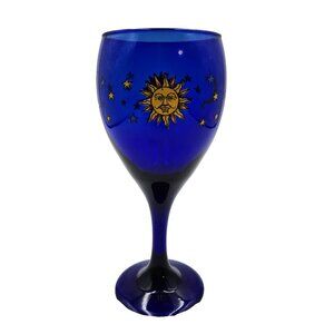 Libby Cobalt Blue Celestial Sun Glass Goblet Vintage Moon Stars Read